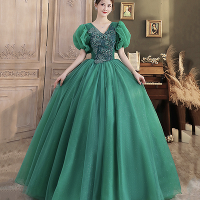 Green v neck tulle long prom dress a line evening dress - Thumbnail 2