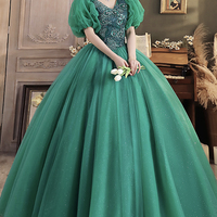 Green v neck tulle long prom dress A line evening dress - Thumbnail 1