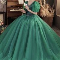 Green v neck tulle long prom dress A line evening dress - Thumbnail 3