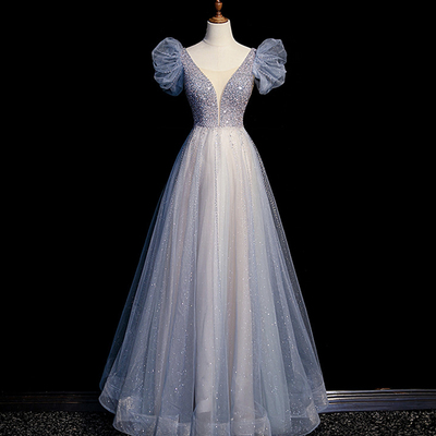 Blue v neck tulle beads long prom dress blue evening dress - Thumbnail 1