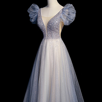 Blue v neck tulle beads long prom dress blue evening dress - Thumbnail 2