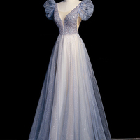 Blue v neck tulle beads long prom dress blue evening dress - Thumbnail 3