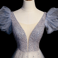 Blue v neck tulle beads long prom dress blue evening dress - Thumbnail 1