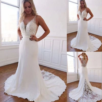 V neck wedding dresses bridal gown with lace appliques - Thumbnail 3