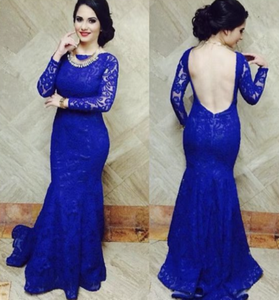 Royal Blue Prom Dresses Backless Lace Mermaid