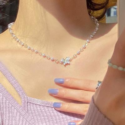 Crystal butterful pearl beaded necklace