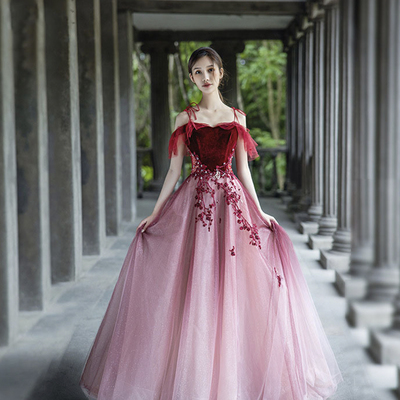 Burgundy velvet tulle long prom dress a line evening dress - Thumbnail 2