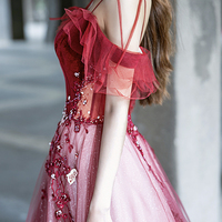 Burgundy Velvet Tulle Long Prom Dress A Line Evening Dress - Thumbnail 2