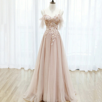Pink tulle lace long prom dress pink evening dress - Thumbnail 1