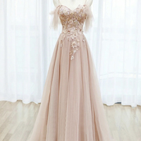 Pink tulle lace long prom dress pink evening dress - Thumbnail 1