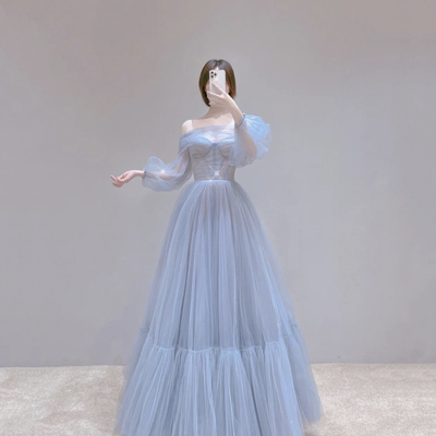 Blue tulle long prom dress a line evening dress - Thumbnail 2