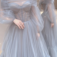 Blue tulle long prom dress A line evening dress - Thumbnail 1