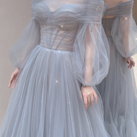 Blue tulle long prom dress A line evening dress - Thumbnail 3