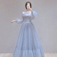 Blue tulle long prom dress A line evening dress - Thumbnail 5