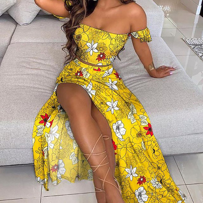 Irregular Sexy Print Slit Two Piece Dress