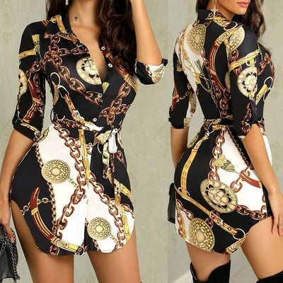 Fashion sexy long sleeve gold chain print princess dress