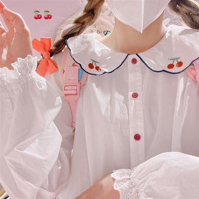 Cherry Embroidery Lace Puff Sleeve Blouse Shirt