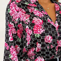 Long Sleeve Floral Print Shirt Top - Thumbnail 1