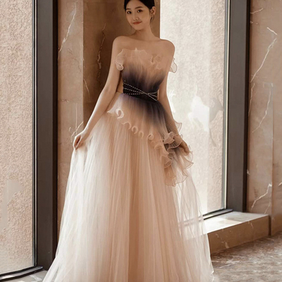 Uniquely designed gradient colors tulle long prom dress evening dress - Thumbnail 1