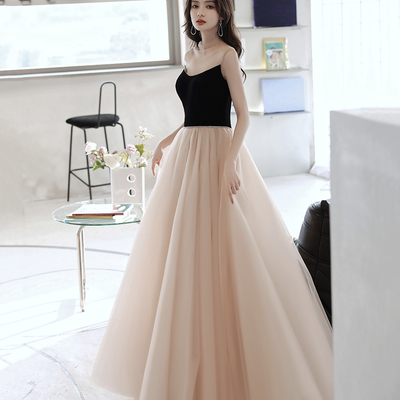 Champagne tulle long prom dress a line evening dress - Thumbnail 1