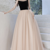 Champagne tulle long prom dress A line evening dress - Thumbnail 1