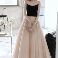 Champagne tulle long prom dress A line evening dress - Thumbnail 2