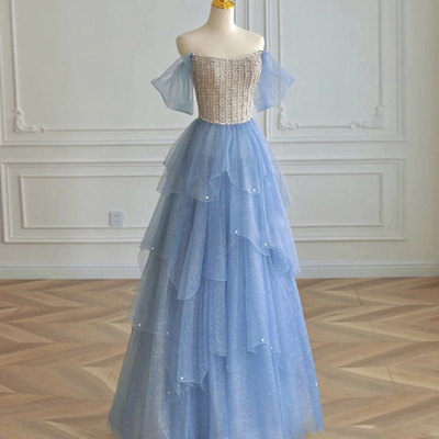 Blue tulle beads long prom dress blue evening dress - Thumbnail 2