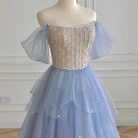 Blue tulle beads long prom dress blue evening dress - Thumbnail 1