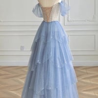 Blue tulle beads long prom dress blue evening dress - Thumbnail 3