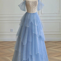 Blue tulle beads long prom dress blue evening dress - Thumbnail 4