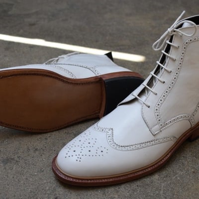 New adult handmade white ankle high boot, lace up wingtip boot