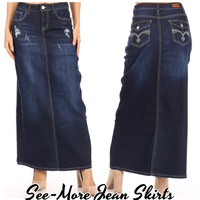 ASHLEY LONG DISTRESSED DARK DENIM SKIRT - Thumbnail 2