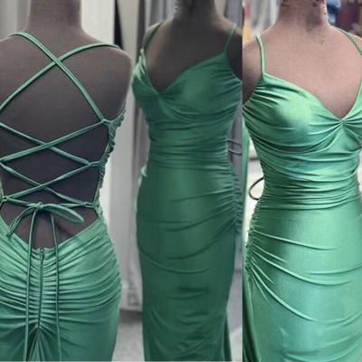 Sheath green stain prom dresses with criss cross back - Thumbnail 3