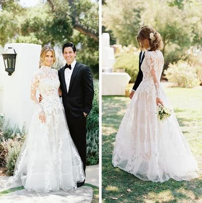 A-Line High Neck Garden Wedding Dresses With Lace Appliques