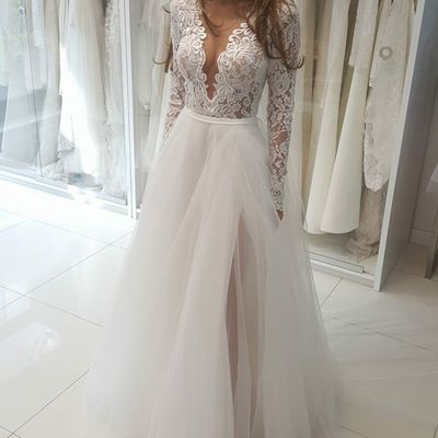Charming a line v neck long sleeves lace wedding dresses,1431 - Thumbnail 2