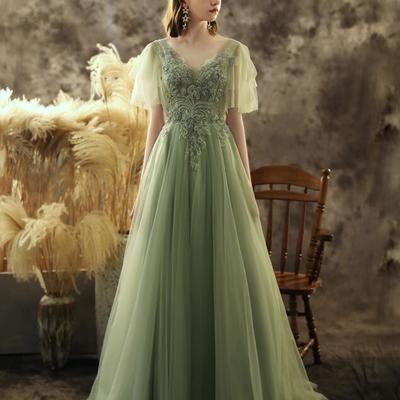 A line green lace prom dress with short puffy sleeve appliques  - Thumbnail 3