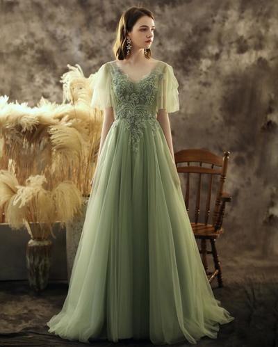A Line Green Lace Prom Dress with Short Puffy Sleeve Appliques 