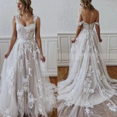 Wedding dresses bridal gown off shoulder lace appliques - Thumbnail 1