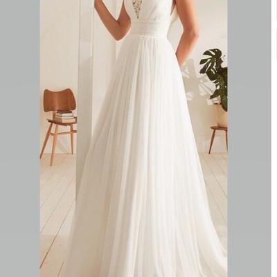 V-neckline boho wedding dress beach simple ivory tulle skirt,1432 - Thumbnail 3