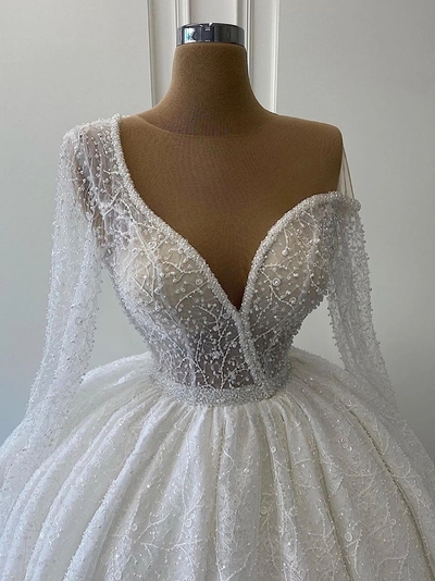 Ball Gown Plus Size Wedding Dress Sequins Vintage Long Sleeves Wedding Gowns,1433