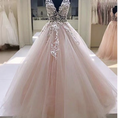 V neck prom dresses pink with appliques lace - Thumbnail 1