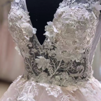 V Neck Prom Dresses Pink with Appliques Lace - Thumbnail 1