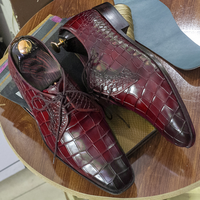 Handmade alligator texture leather derby shoes , dress formal shoes, green two tone shoes - Thumbnail 1