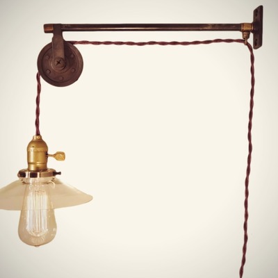 Vintage french industrial pulley lamp w/ glass shade - petit