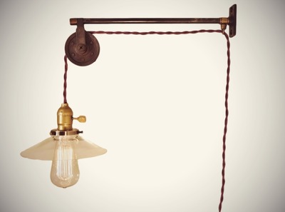 Vintage French Industrial Pulley Lamp w/ Glass Shade - Petit