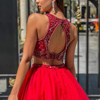 SP2171,Luxury Jewel Neckline Beaded Bodice Red Two-Piece Homecoming Dresses,Chiffon Short Homecoming Graduation Dress - Thumbnail 1