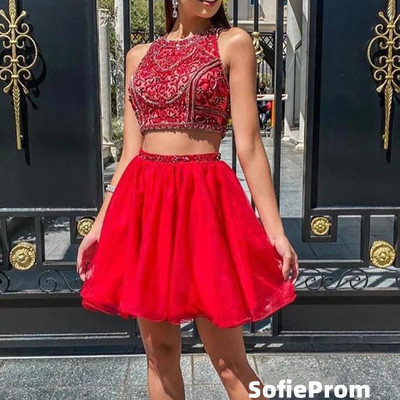 Sp2171,luxury jewel neckline beaded bodice red two-piece homecoming dresses,chiffon short homecoming graduation dress