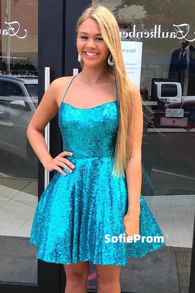 SP2172,Cute Criss Cross Straps A-Line Blue Sequins Short Homecoming Dresses,Mini Prom Evening Dresses