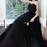 Cute tulle beads long prom dress A line evening dress - Thumbnail 1