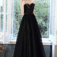 Cute tulle beads long prom dress A line evening dress - Thumbnail 3